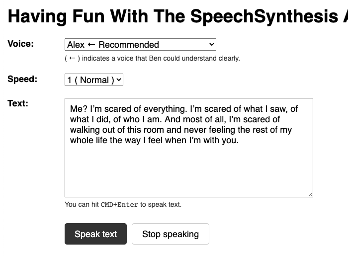 A simple form-based interface for synthesising speech from text in Angular 11.0.5.