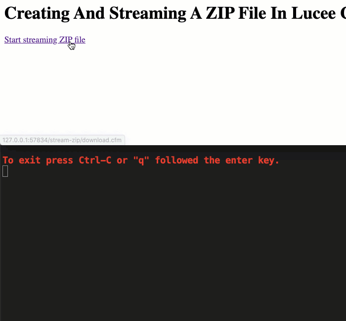 A ZIP archive file being generated on-the-fly and streamed to the browser in Lucee CFML.
