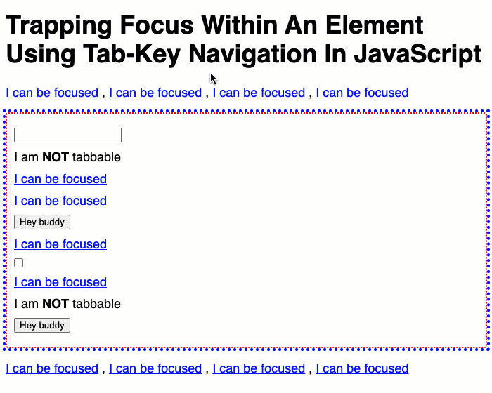 Keyboard-based navigation being trapped within a container element using JavaScript.