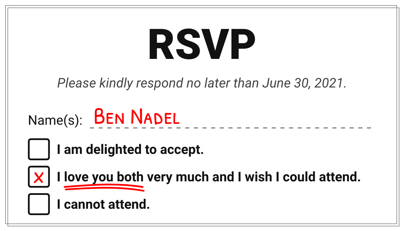 A wedding RSVP with one Yes option, one No option, and a graceful No option.