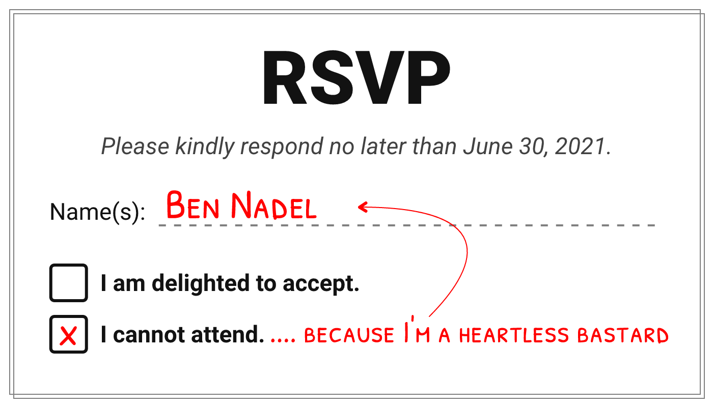 A wedding RSVP with the traditional Yes / No choices.