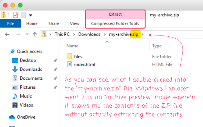 Windows Explorer showing preview of Zip archive contents.