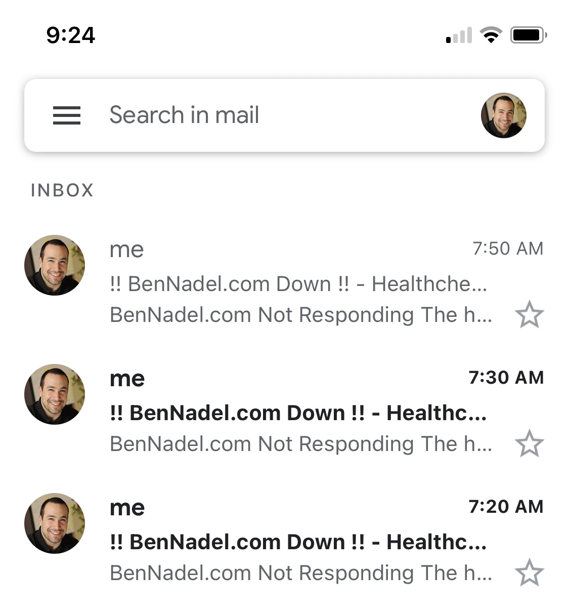 Gmail Inbox showing site-down alerts from Netlify scheduled function.