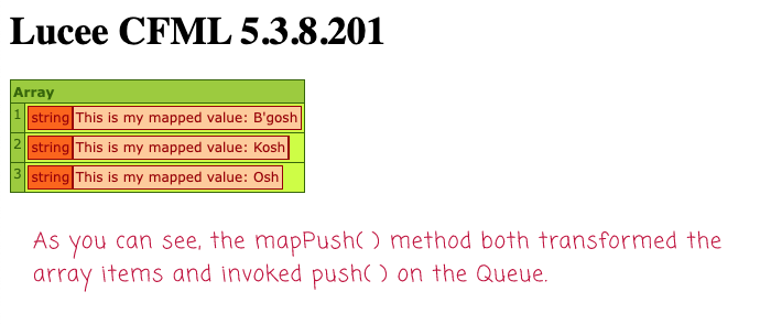 State of the queue altered by mapPush() function that was bound the queue component context.