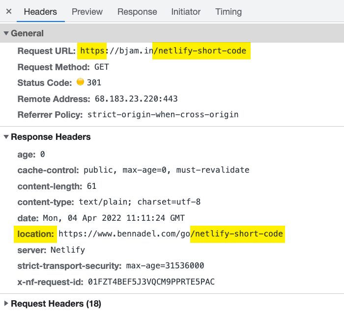 Network activity showing that bjam.in redirected to www.bennadel.com over an HTTPS connection.