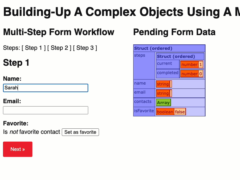 Showing a multi-step form wizard that iteratively builds-up a complex pending data structure in ColdFusion.