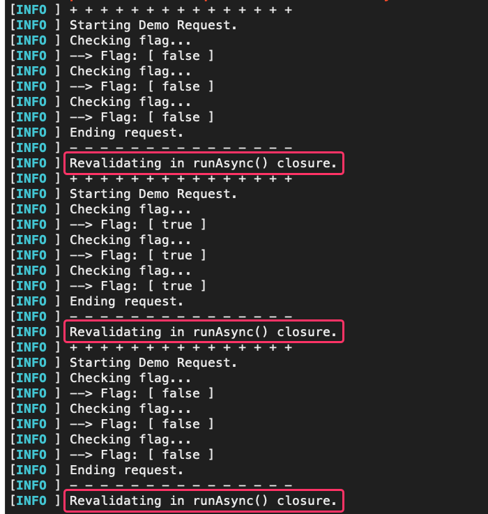 ColdFusion logs showing that the background cache revalidation only runs once per request.