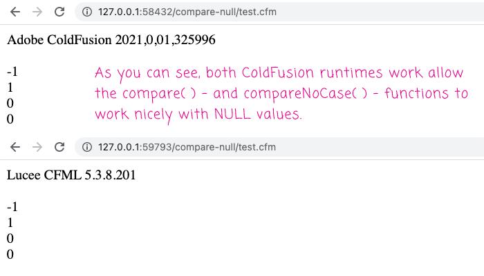 Both Adobe ColdFusion and Lucee CFML showing the same results for using compare() function with null values.