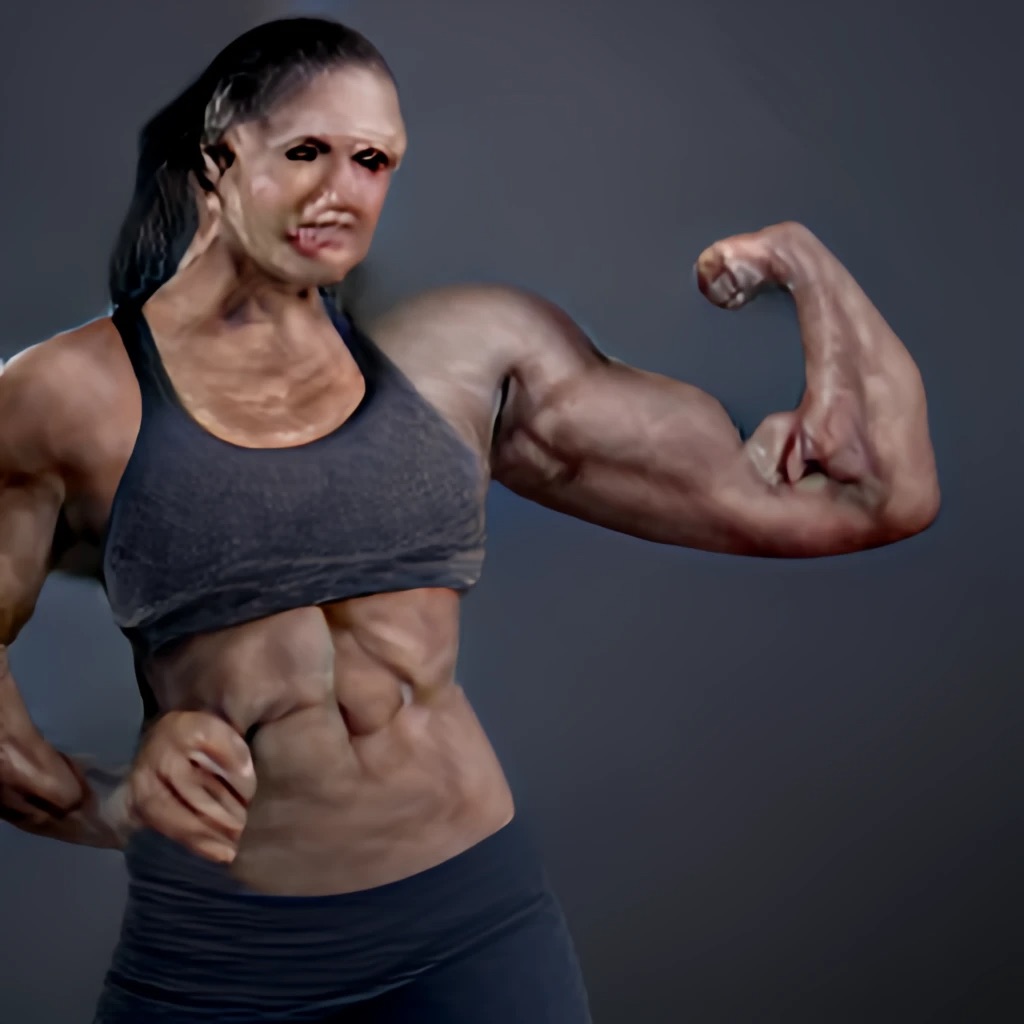 Very scary looking, nigtmare-inducing muscular woman generated by A.I.