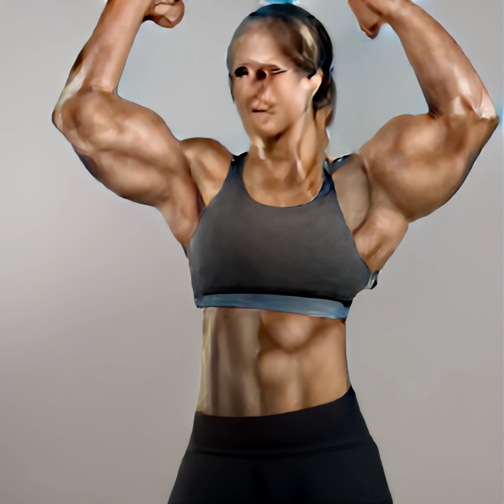 Female athlete flexing her biceps at the gym on Craiyon