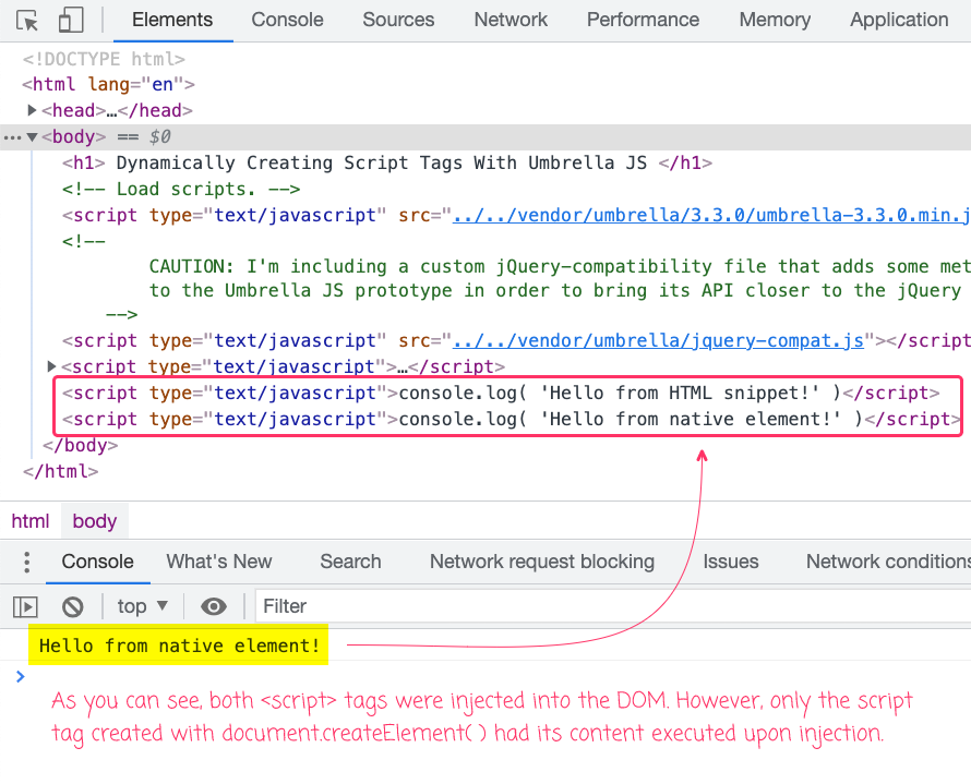Console log showing that only the JavaScript in the native script element was executed.