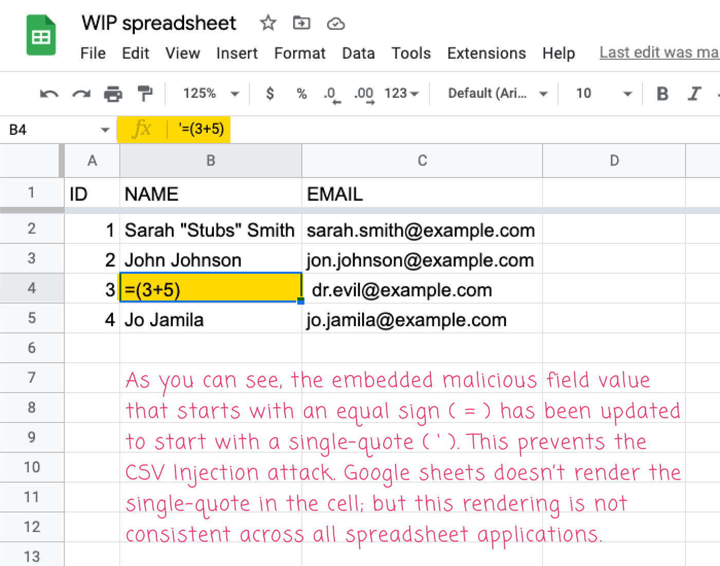 A malicious CSV file imported into Google Sheets show remediation applied in ColdFusion.