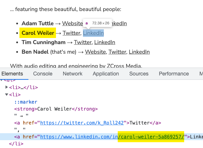 Chrome Dev Tools showing that both Carol's name and LinkedIn URL have been changed using jSoup and ColdFusion 2021