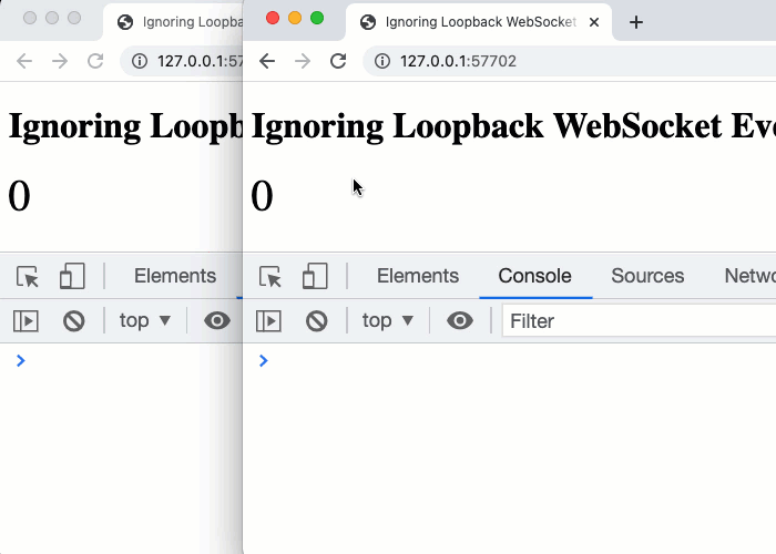 Two browsers responding to click-events, one ignoring them - the loopback events - and the other accepting them.