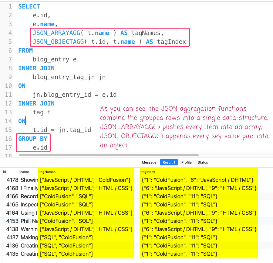 A recordset in MySQL showing multiple blog-entry records accompanied by aggrgated tag information using both a JSON array of tag names and a JSON object of tag ids and names.