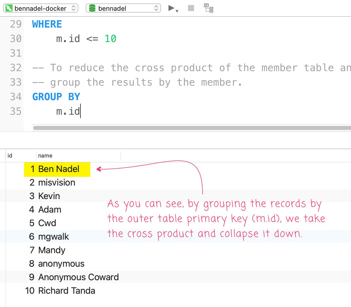 MySQL recordset showing that the added GROUP BY has collapsed the LATERAL join cross-product resulting in a single row per member.