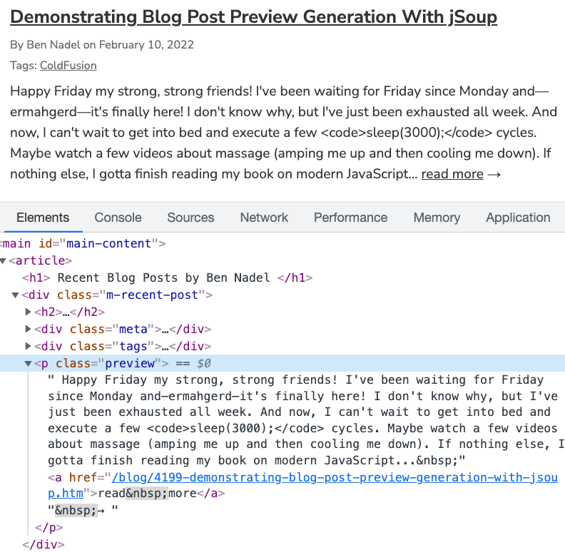 Screenshot of post preview vs. HTML in Chrome Dev Tools.