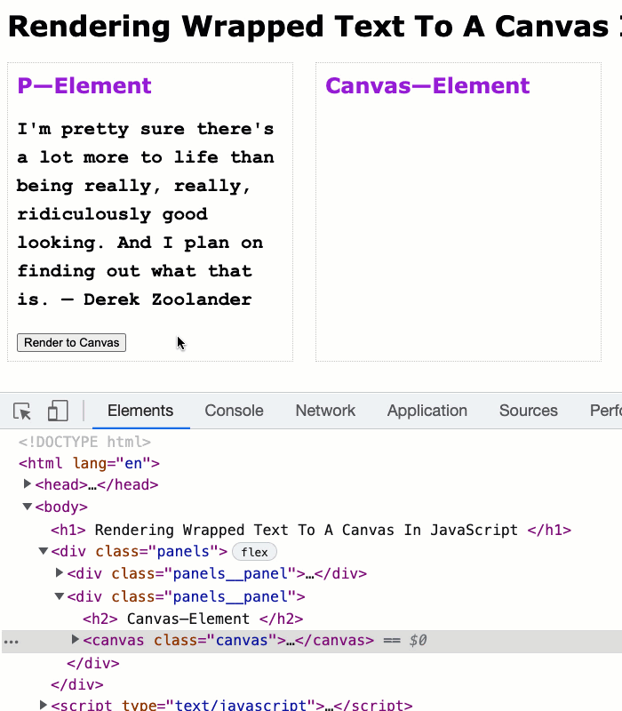 A text node in the DOM is rendered to a canvas element, with line-breaks / wrapped text, using JavaScript.