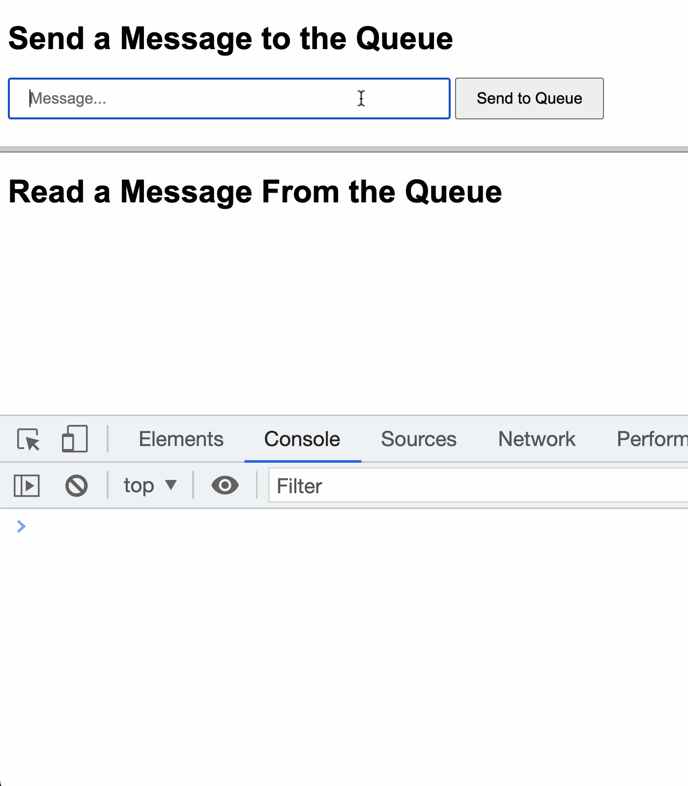 An HTML frameset in which one frame is posting messages onto a queue and another frame is immediately receiving messages from that queue via EventSource and server-sent events.