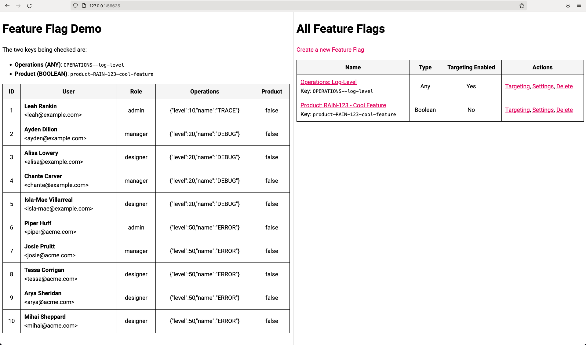 Demo of user targeting in feature flag exploration built with ColdFusion.