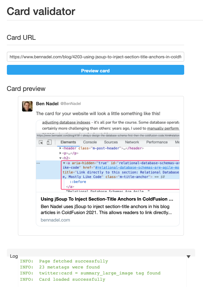 The Twitter Card Validator showing the way a given URL will unfurl within a Twitter social sharing context.