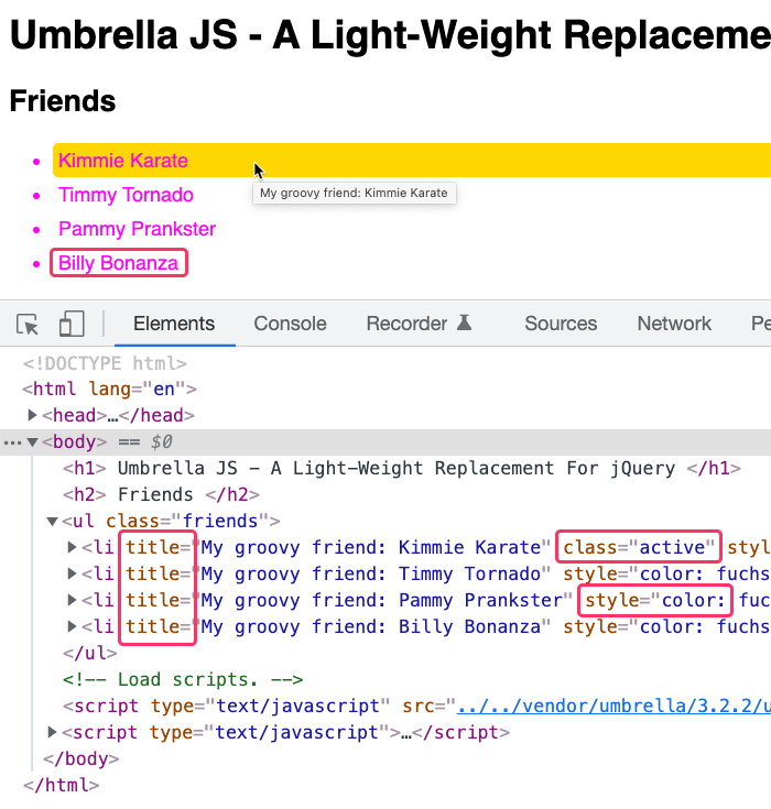 HTML page maniupalated using Umbrella JS, a jQuery-inspired DOM API.