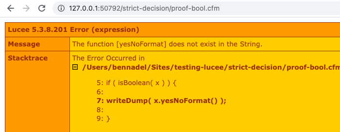 Lucee CFML error attempting to call yesNoFormat() as a member method on a String.