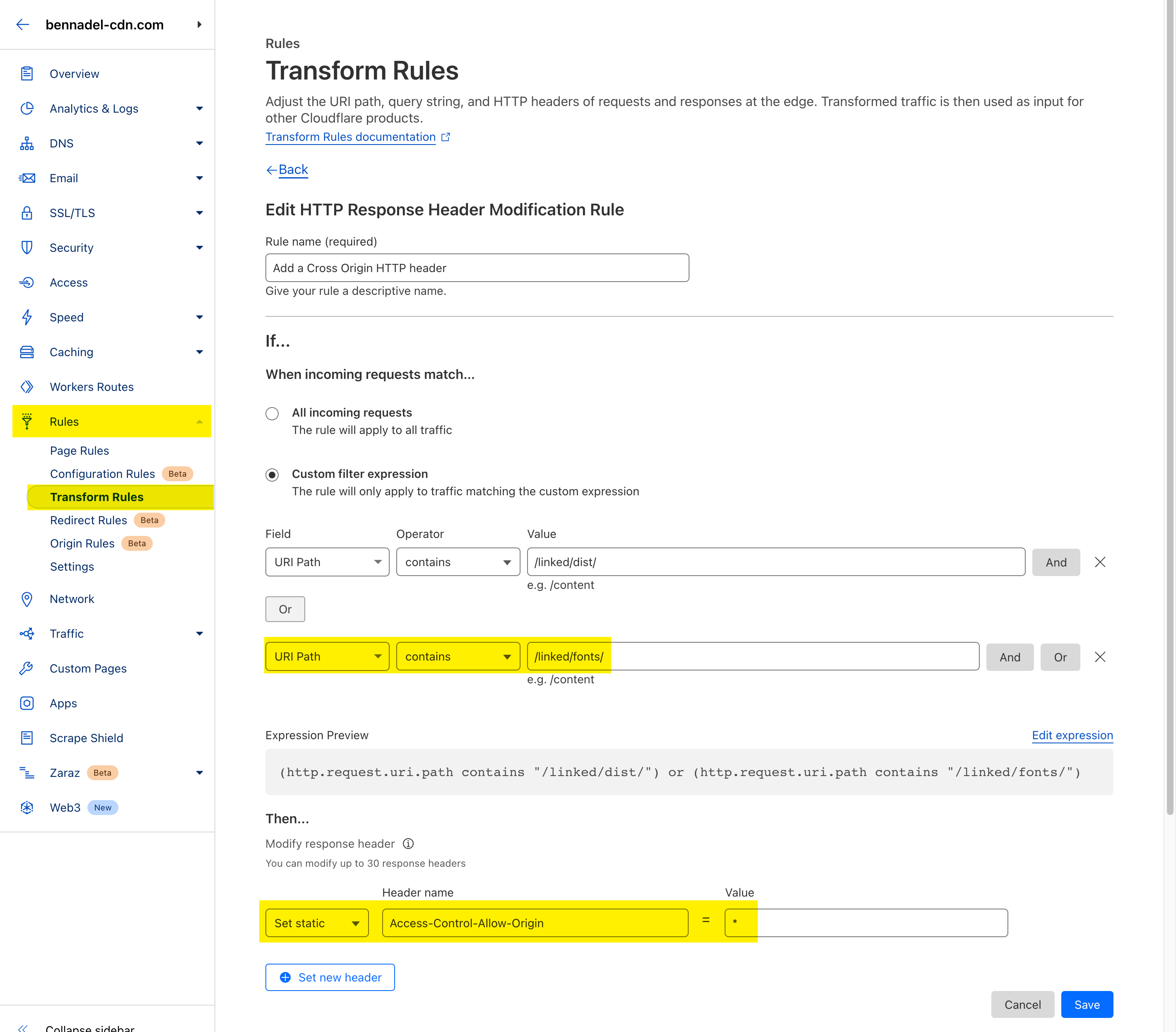 Screenshot of the Transform Rule that is apply the CORS security header to the font files.