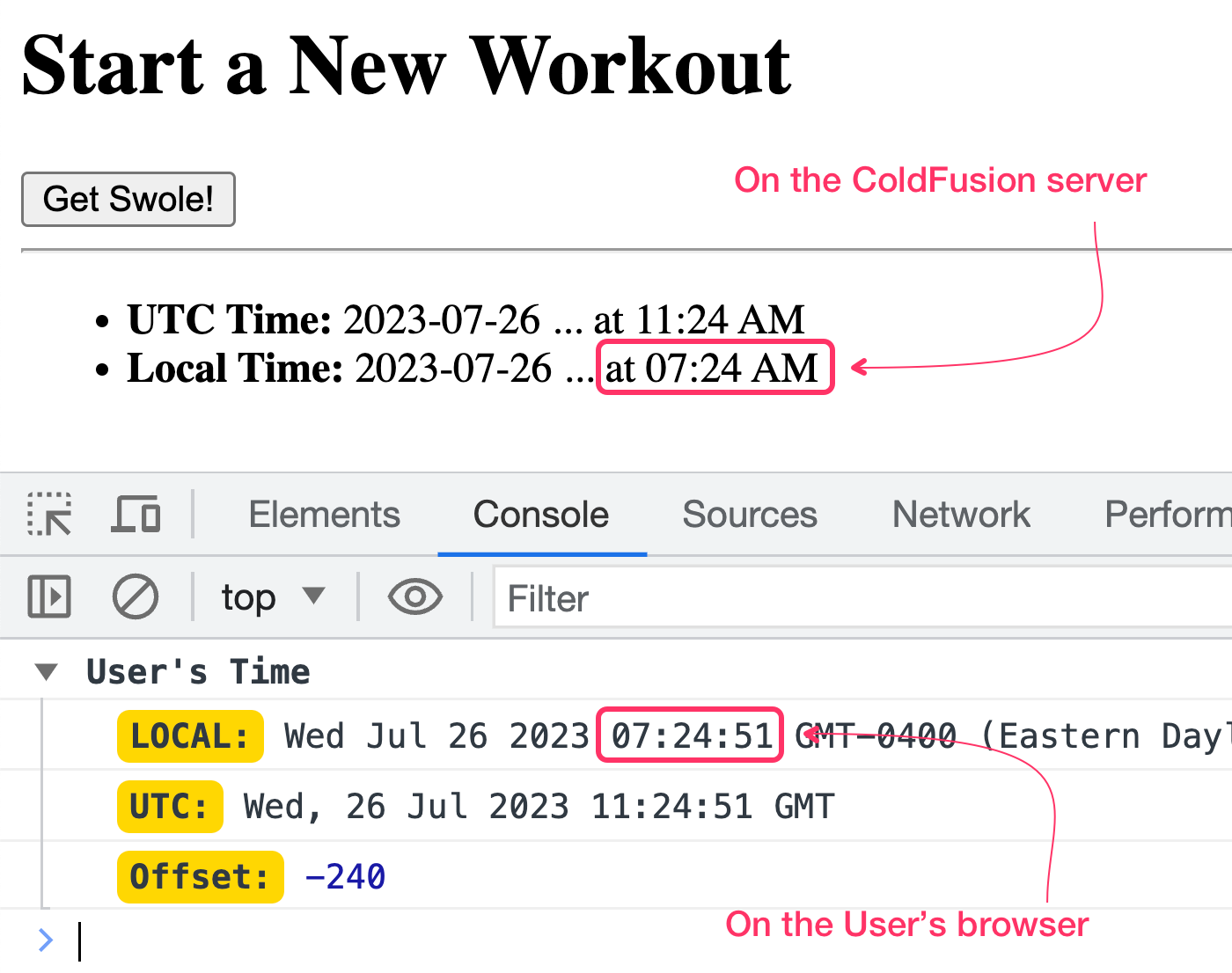 Screenshot of browser showing that the user's local timezone was successfully calculated on the server using the offset-in-minutes form value.