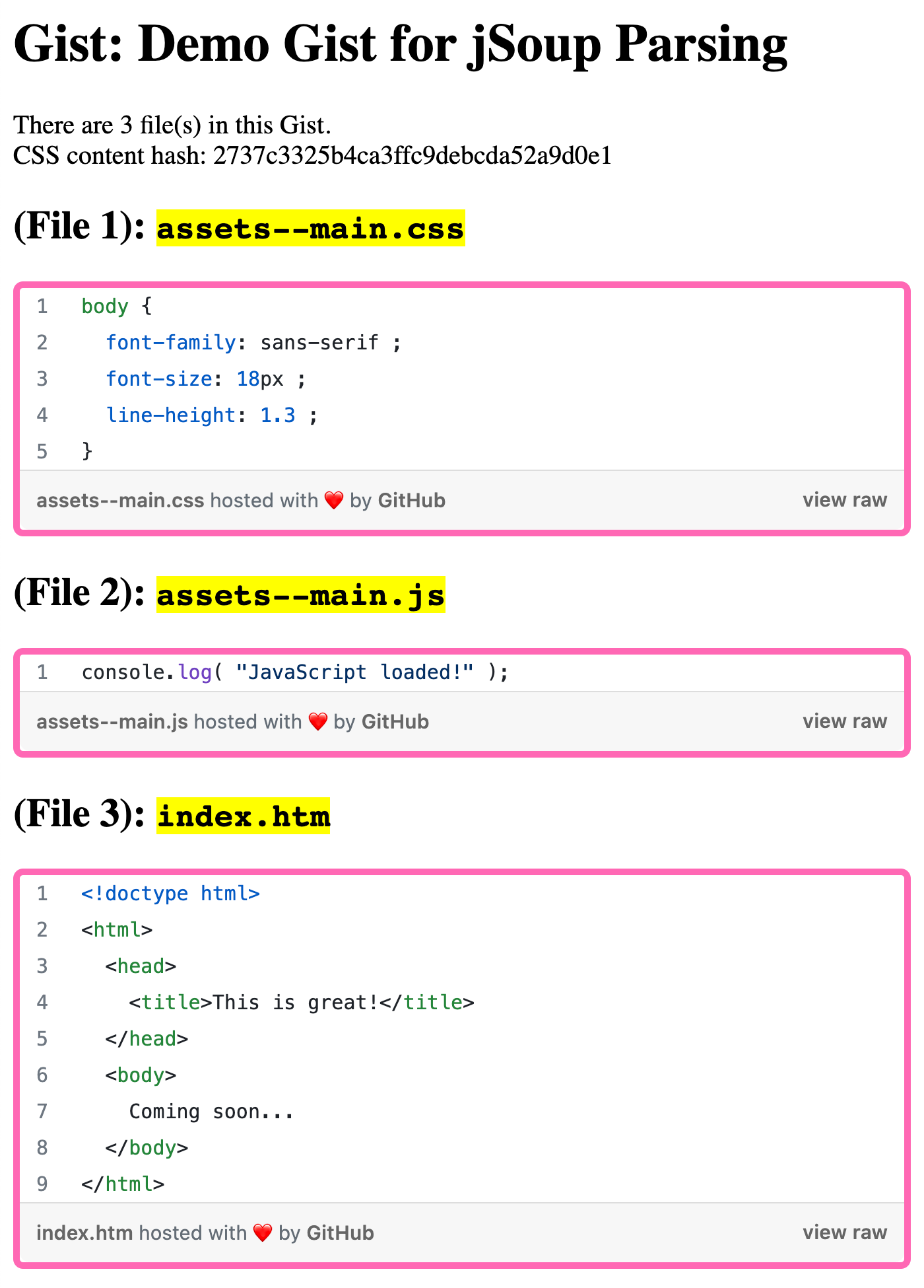 A GitHub Gist rendered to the page using custom formatting and file separation.