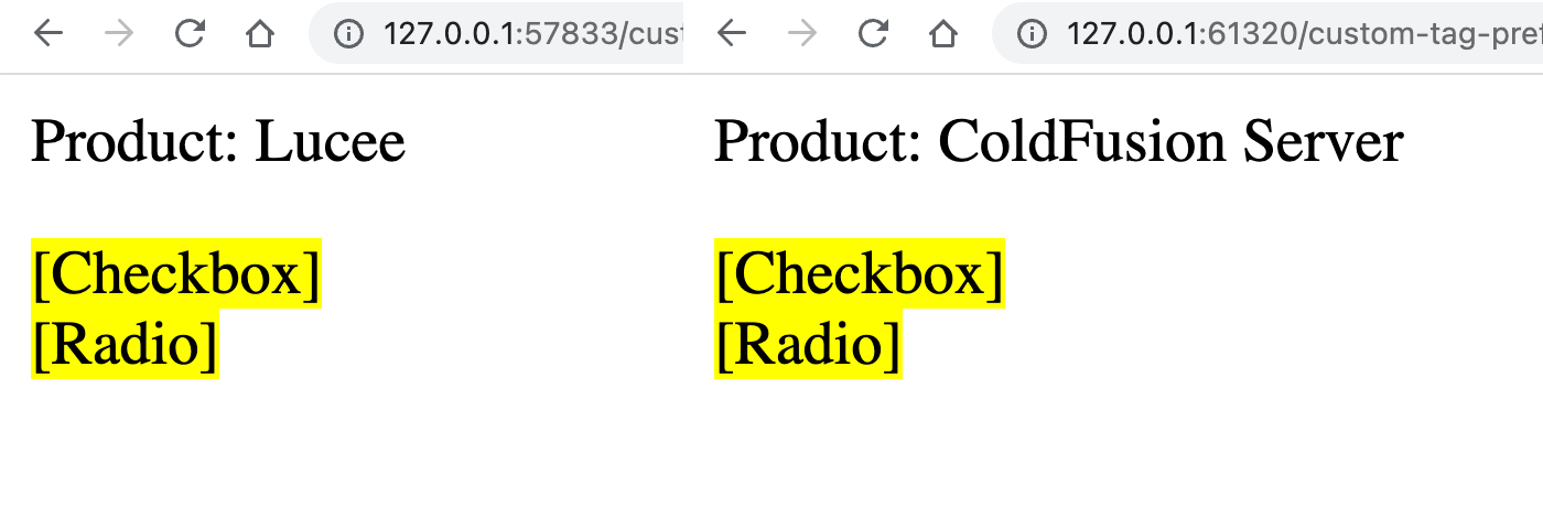 Output from multiple ColdFusion custom tags that were imported using the same prefix.