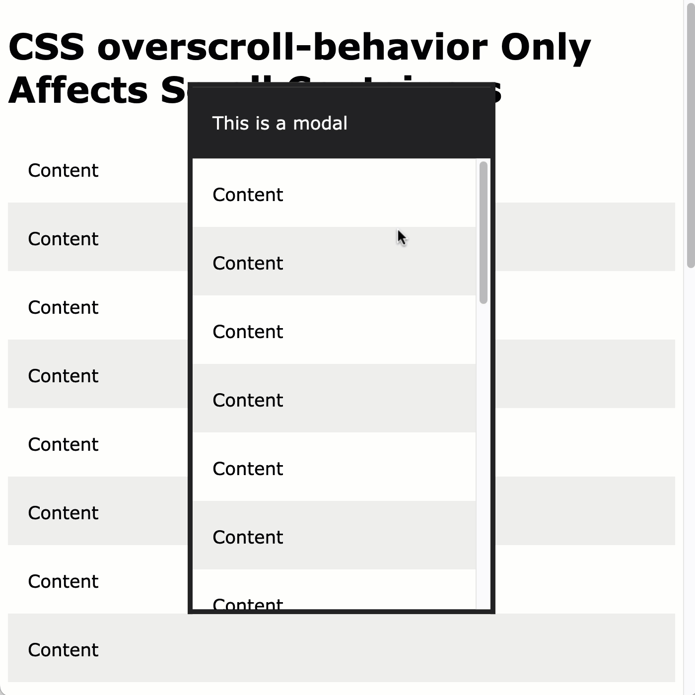 Body scrolling is only prevented when overscroll-behavior is used on a scrolling element.