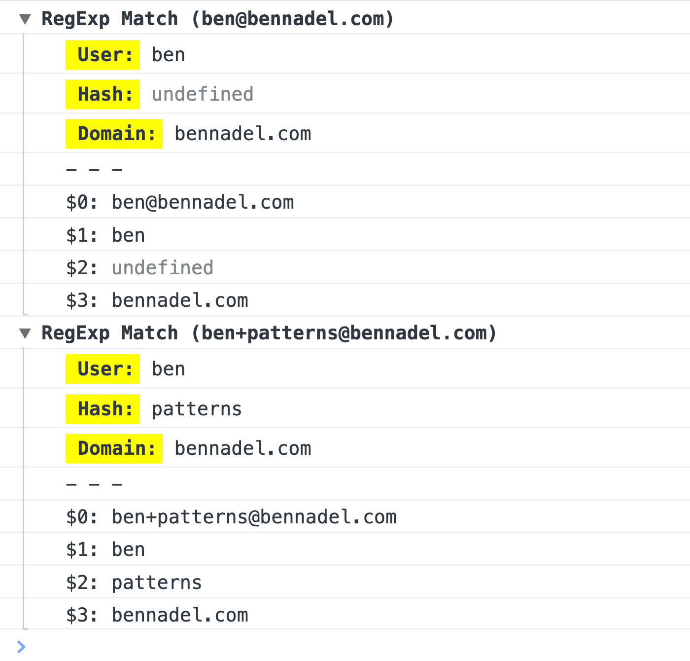 Console log output of demo showing that each part of the Regular Expression match can be referenced both by the named capture group as well as the index order.