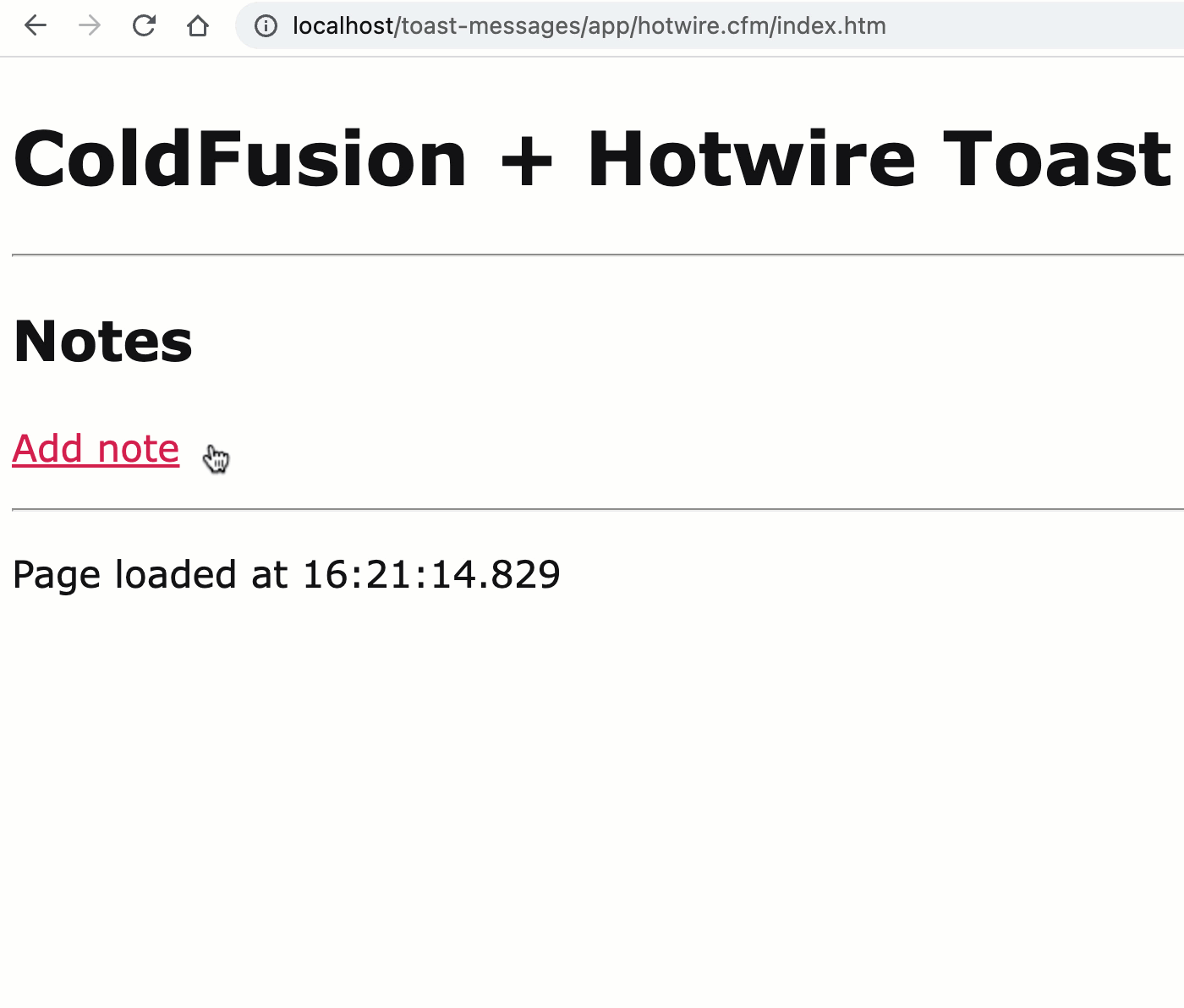 Toast messages slide in from left side of screen as user adds and removes notes from ColdFusion application.