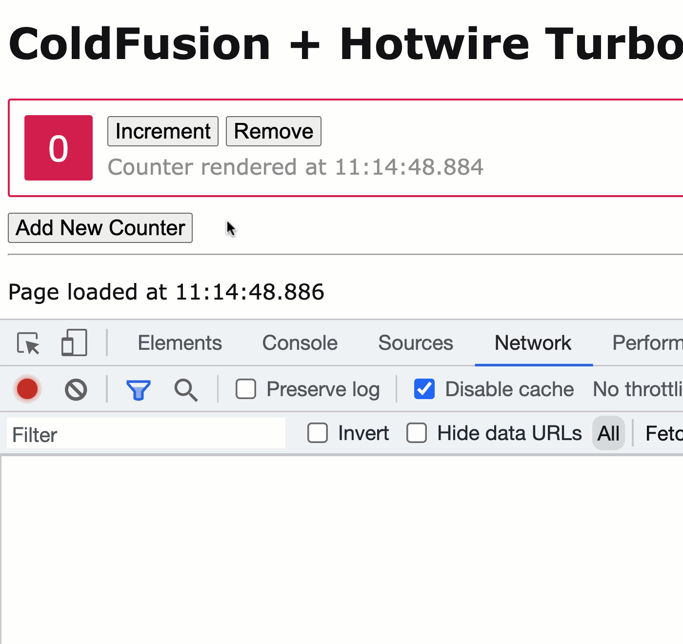 A new counter is added to the current view. And, clicking on the network activity shows a call to add.htm that results in a Turbo Stream response.