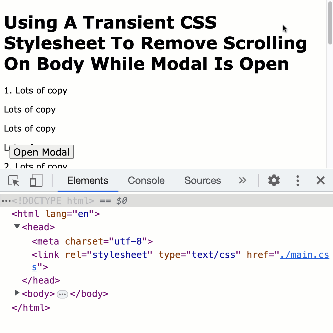 When the modal window is open, the scrollbars disappear on the body (while the underlying page retains its current scroll offset). Then, when the modal window is closed, the scrollbars reappear on the body.