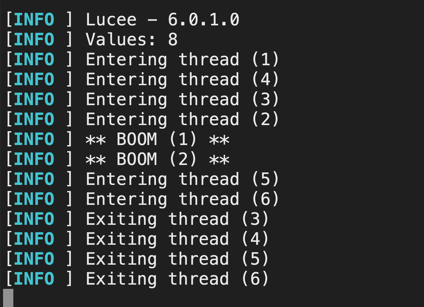 Terminal output for Lucee CFML 6 during asynchronous array iteration.
