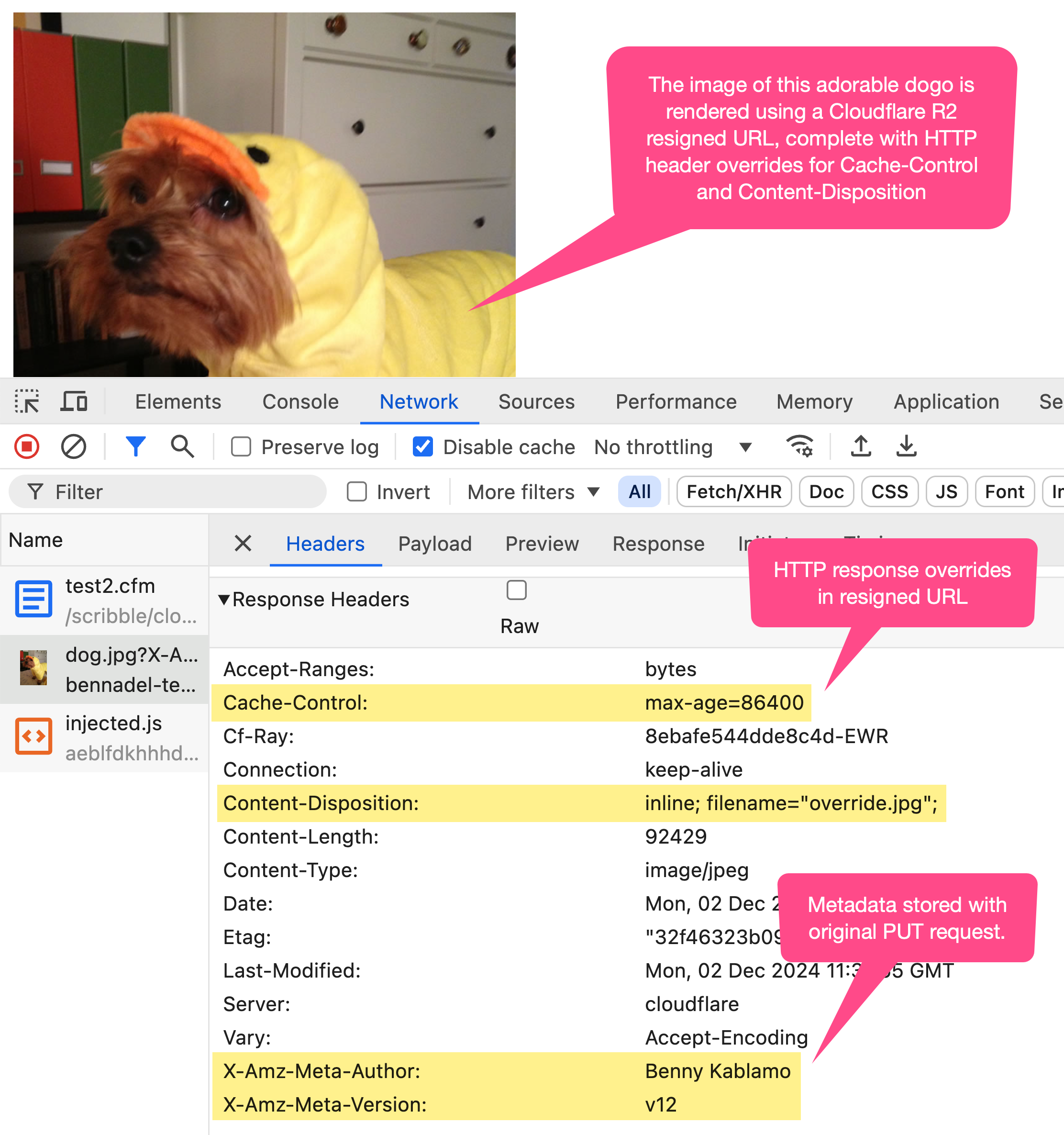 Screenshot of browser showing dog image rendered as a presigned URL. Screenshot includes some of the network activity, showing various HTTP response headers.