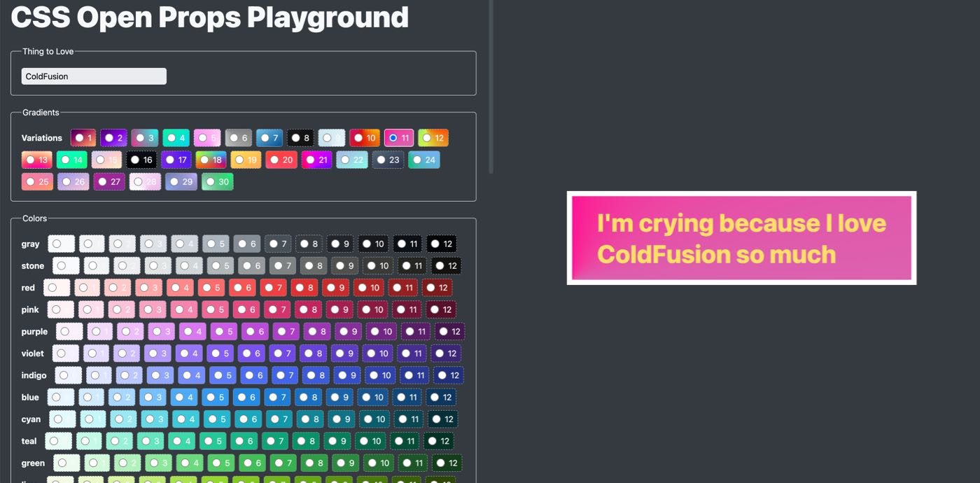A screenshot of the sticker playground rendering. It shows the sticker on the right and the Open Props options on the left.