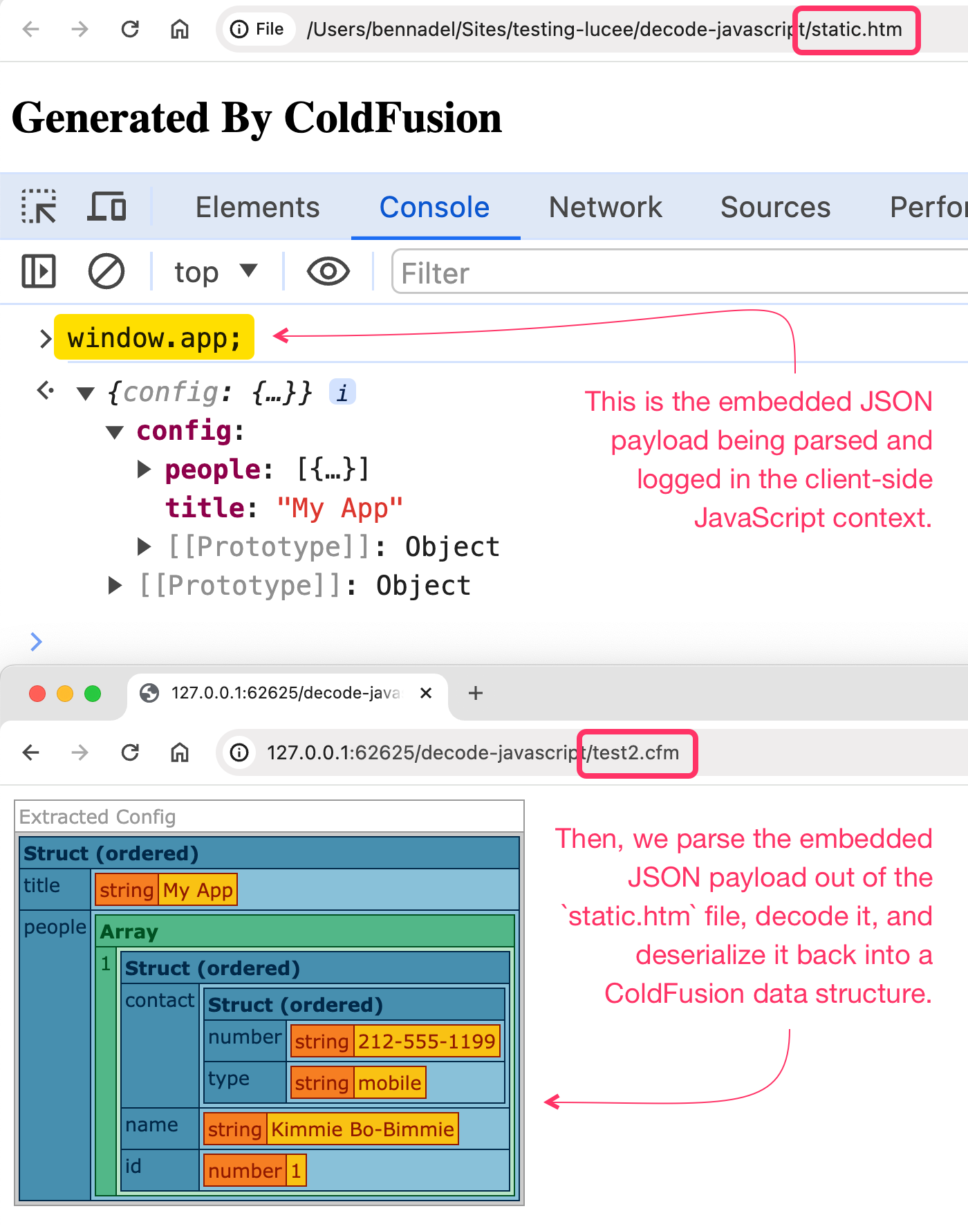 The JSON payload being parsed in both a JavaScript context and an extracted ColdFusion context.