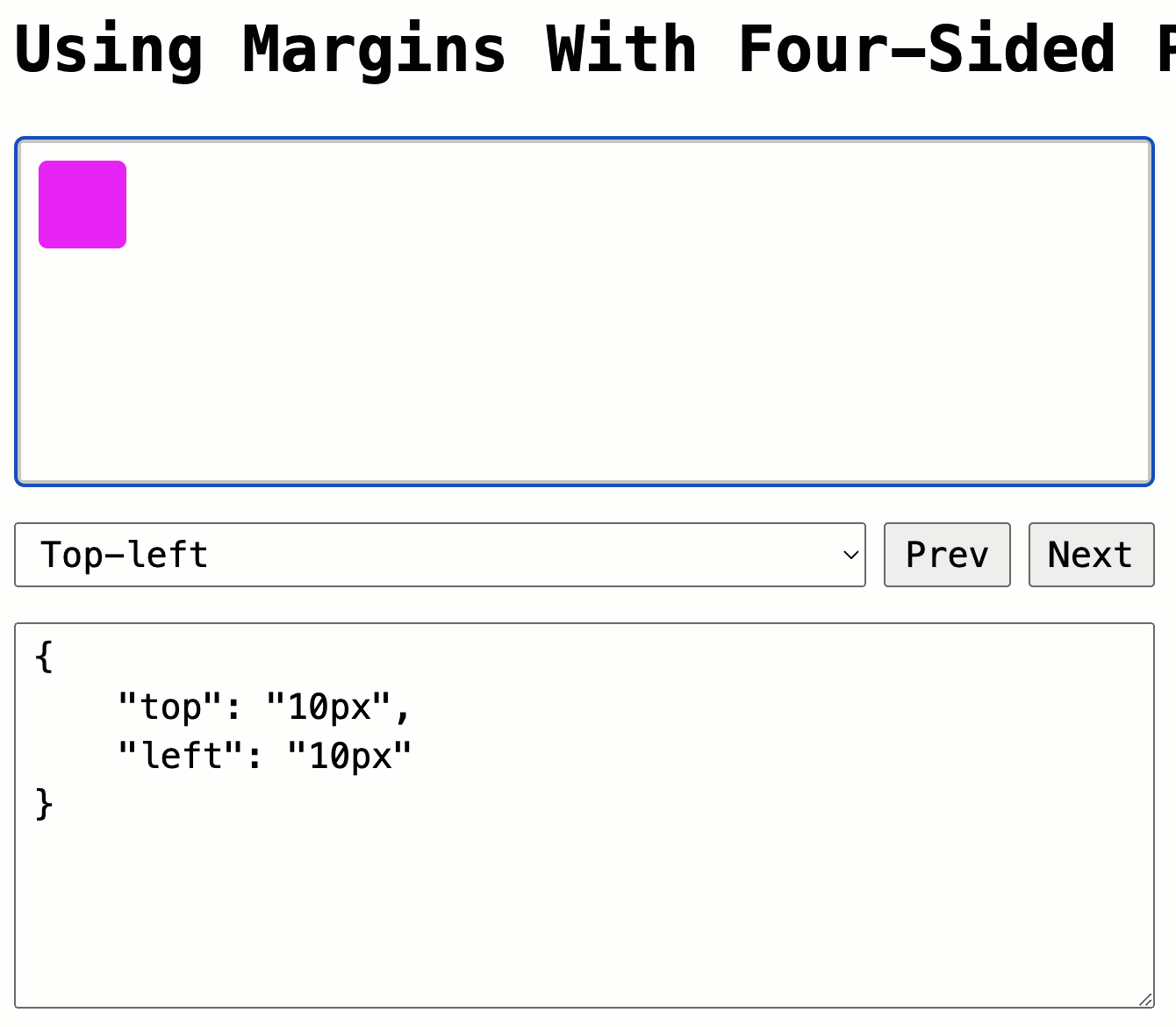 A positioned box being moved around the screen as the inset values and margins are being adjusted dyamically with Alpine.js.