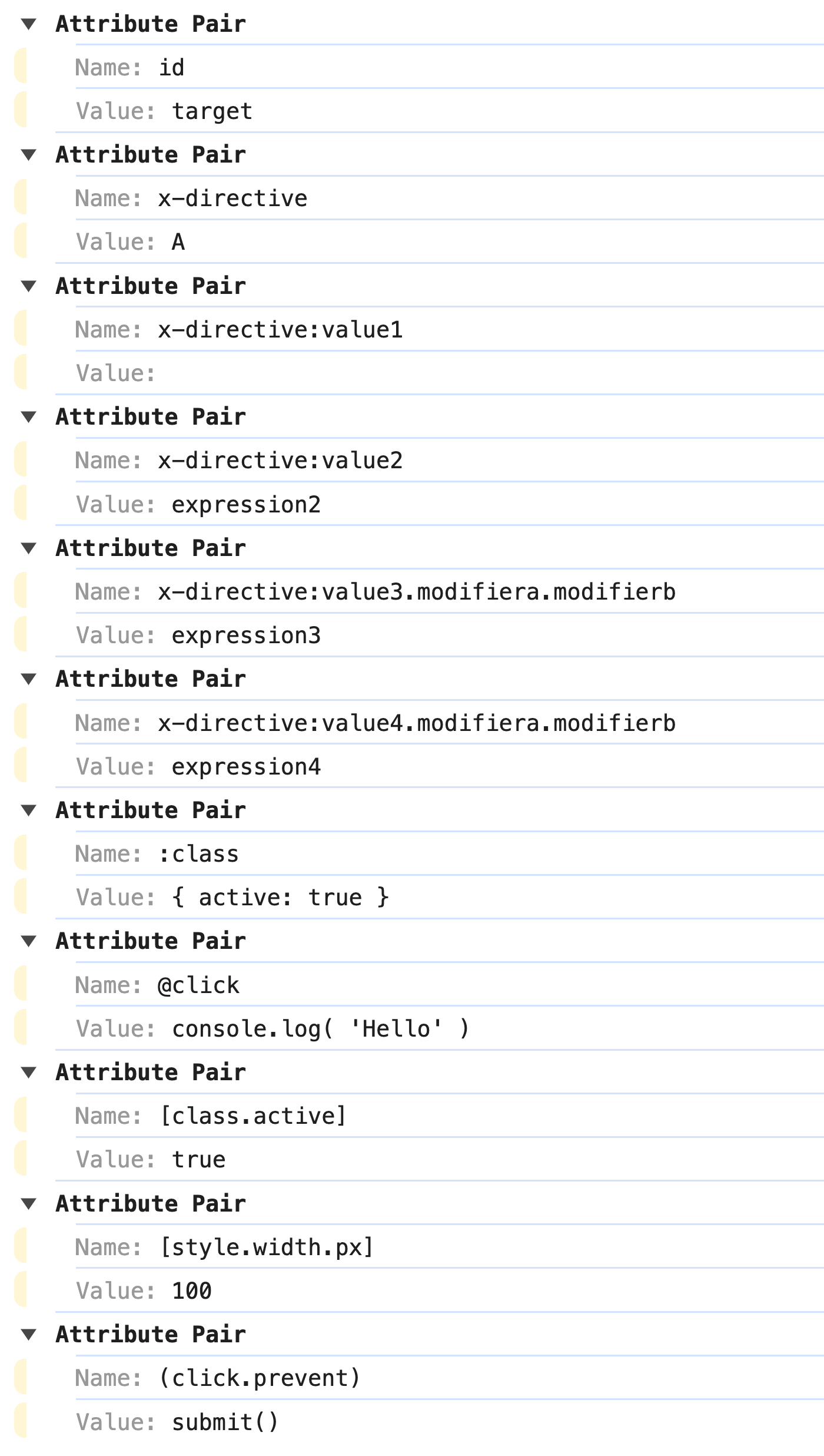 Console logging showing the output of the element attributes collection iteration.