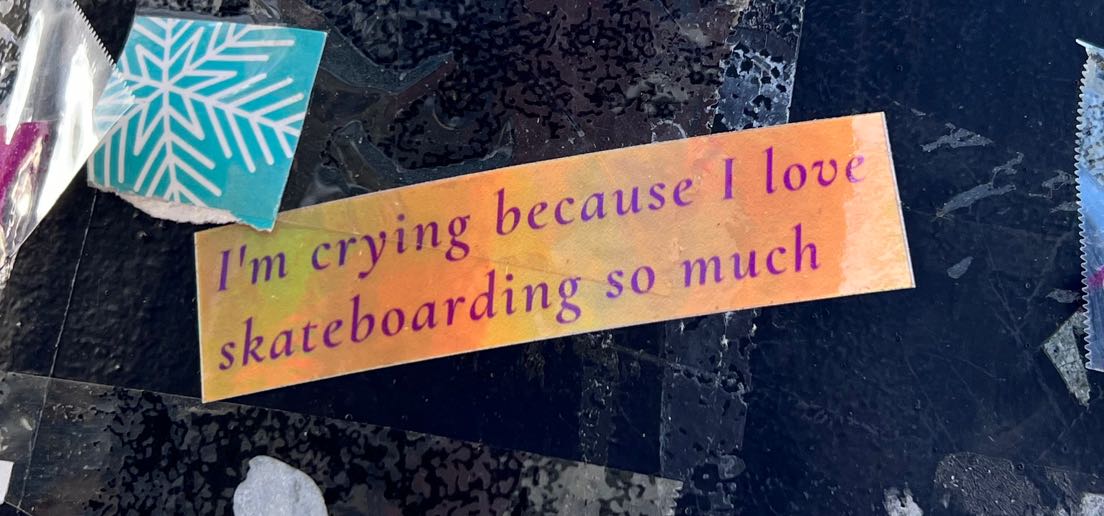 A sticker on a cross-light post that reads, I'm crying because I love skateboarding so much.