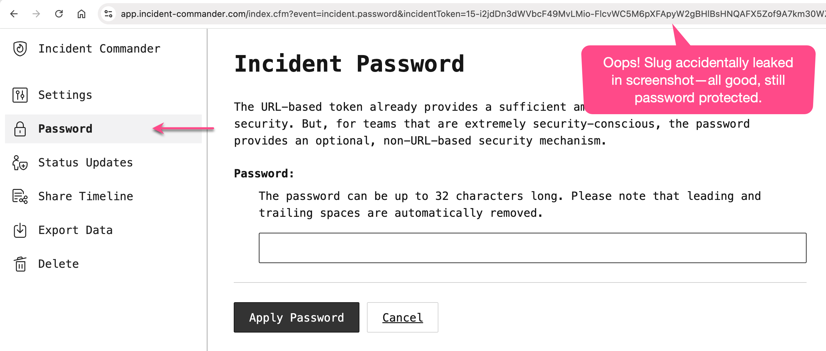 Screenshot of the password setting view in the Incident Commander web application.