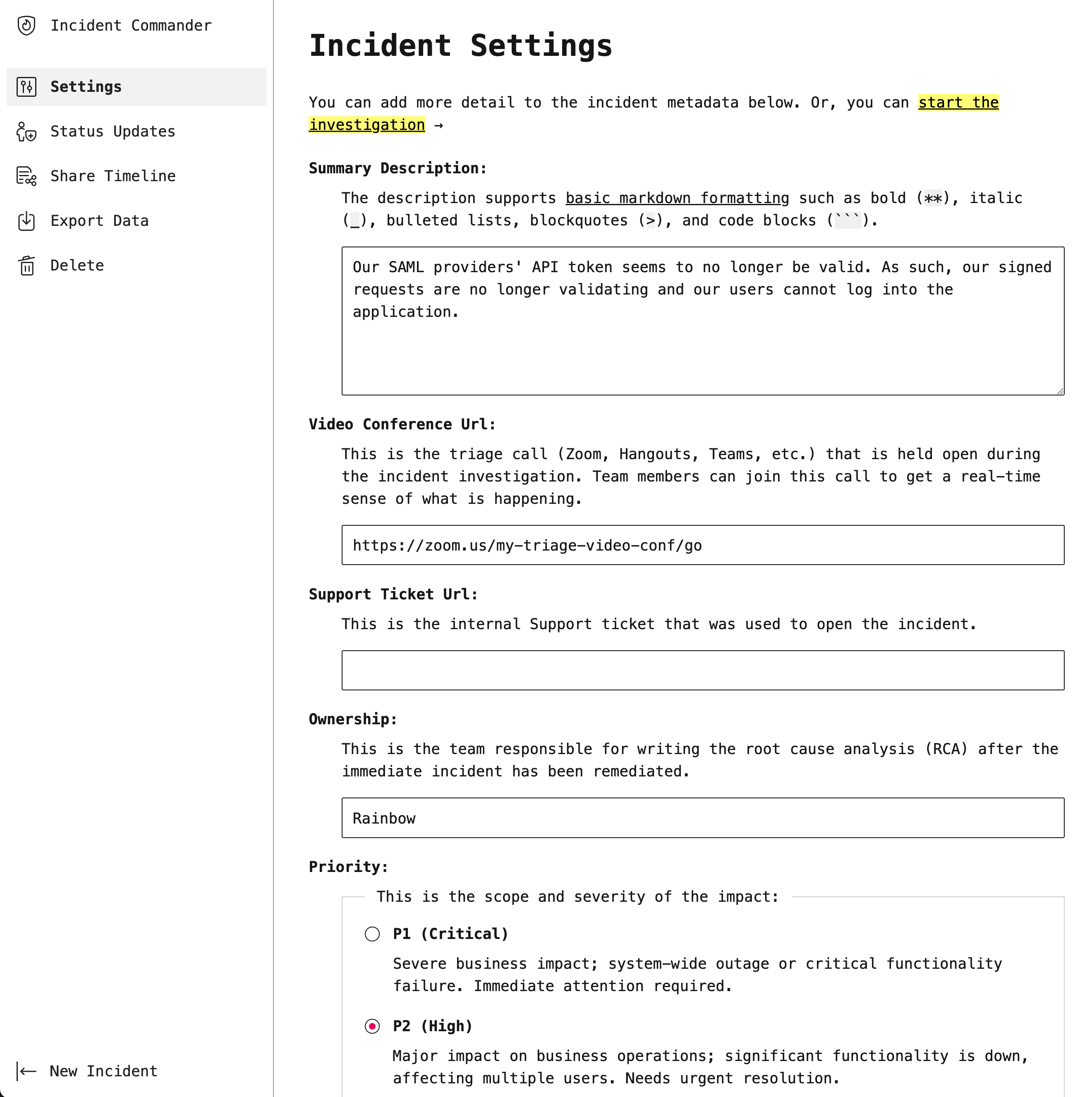 Screenshot of the incident commander settings page.