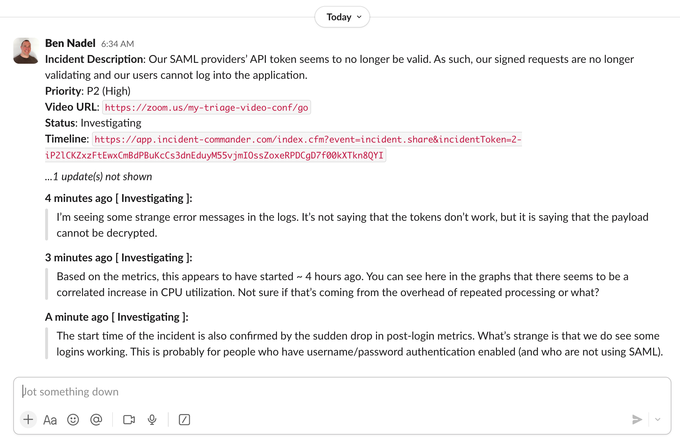 Screenshot of incident summary copy-pasted into Slack with applied formatting.