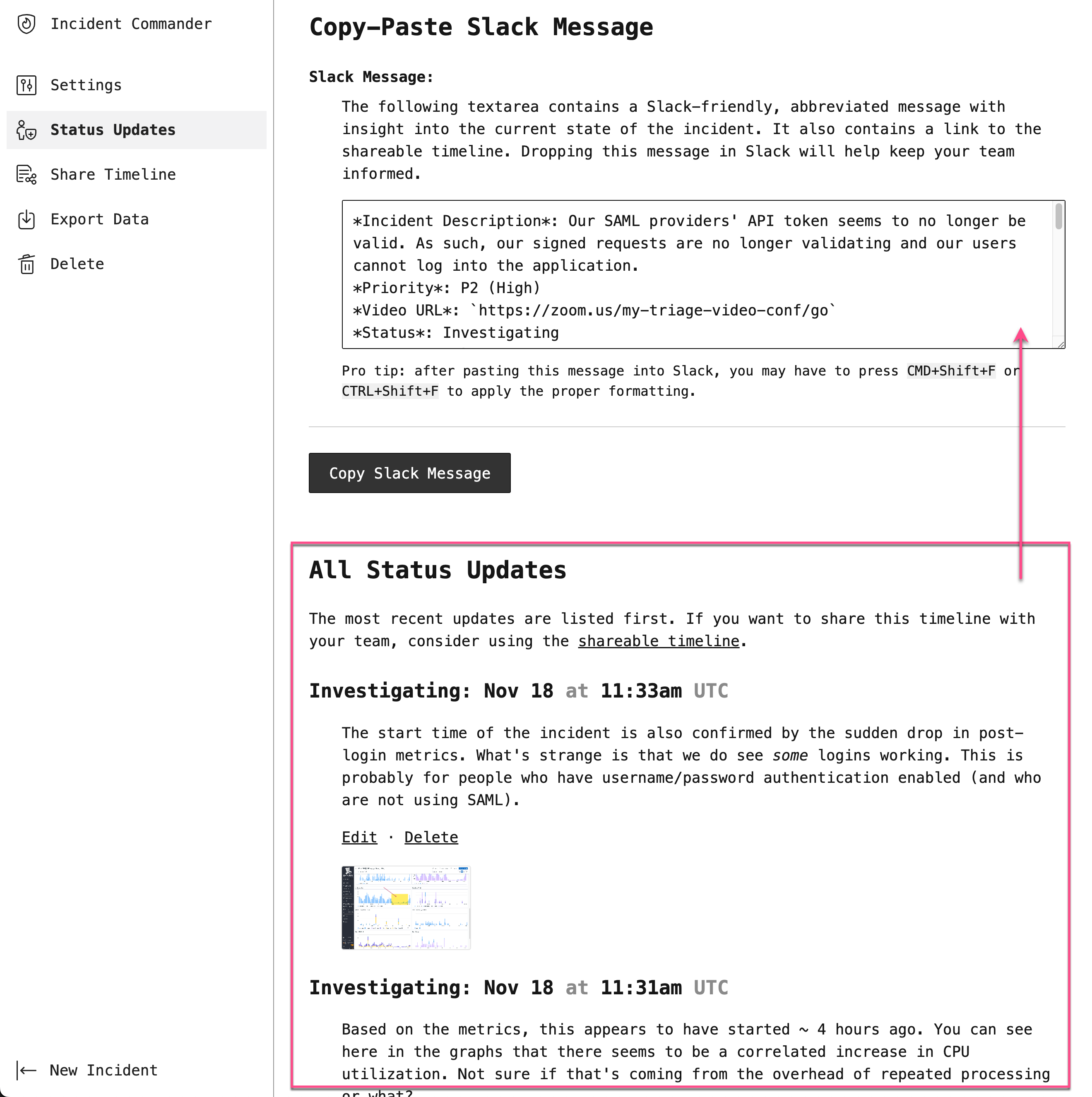 Screenshot of the incident commander status page with both Slack message and recent statuses listed.