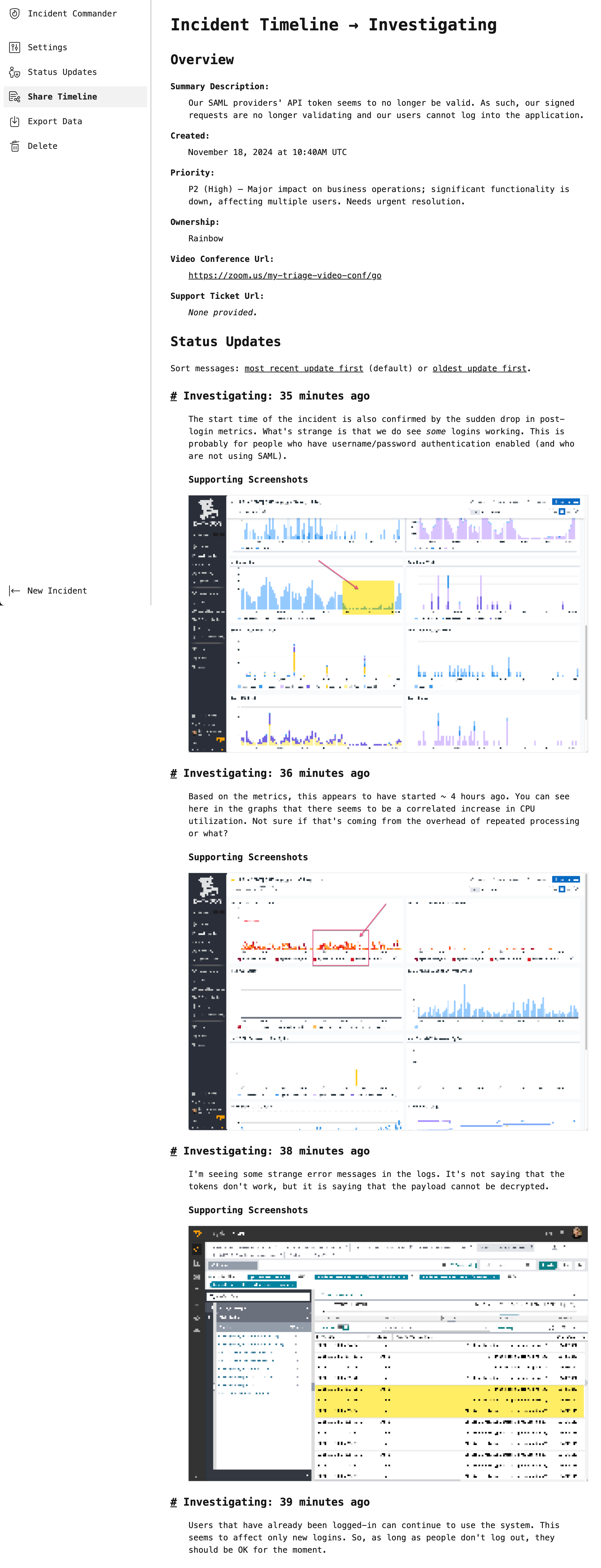 Screenshot of the incident timeline page.