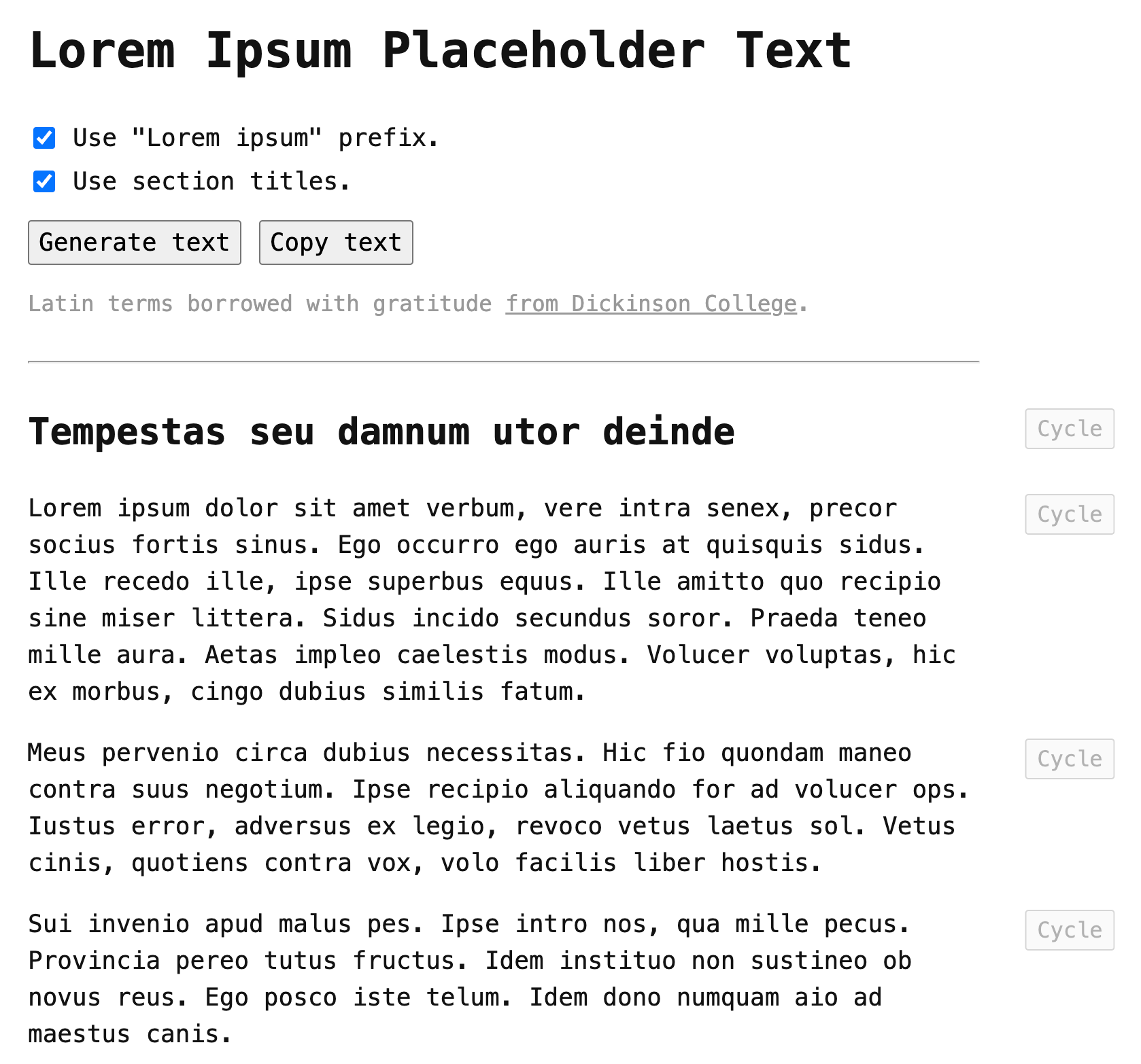 Screenshot of the ColdFusion page that generates Lorem Ipsum text.