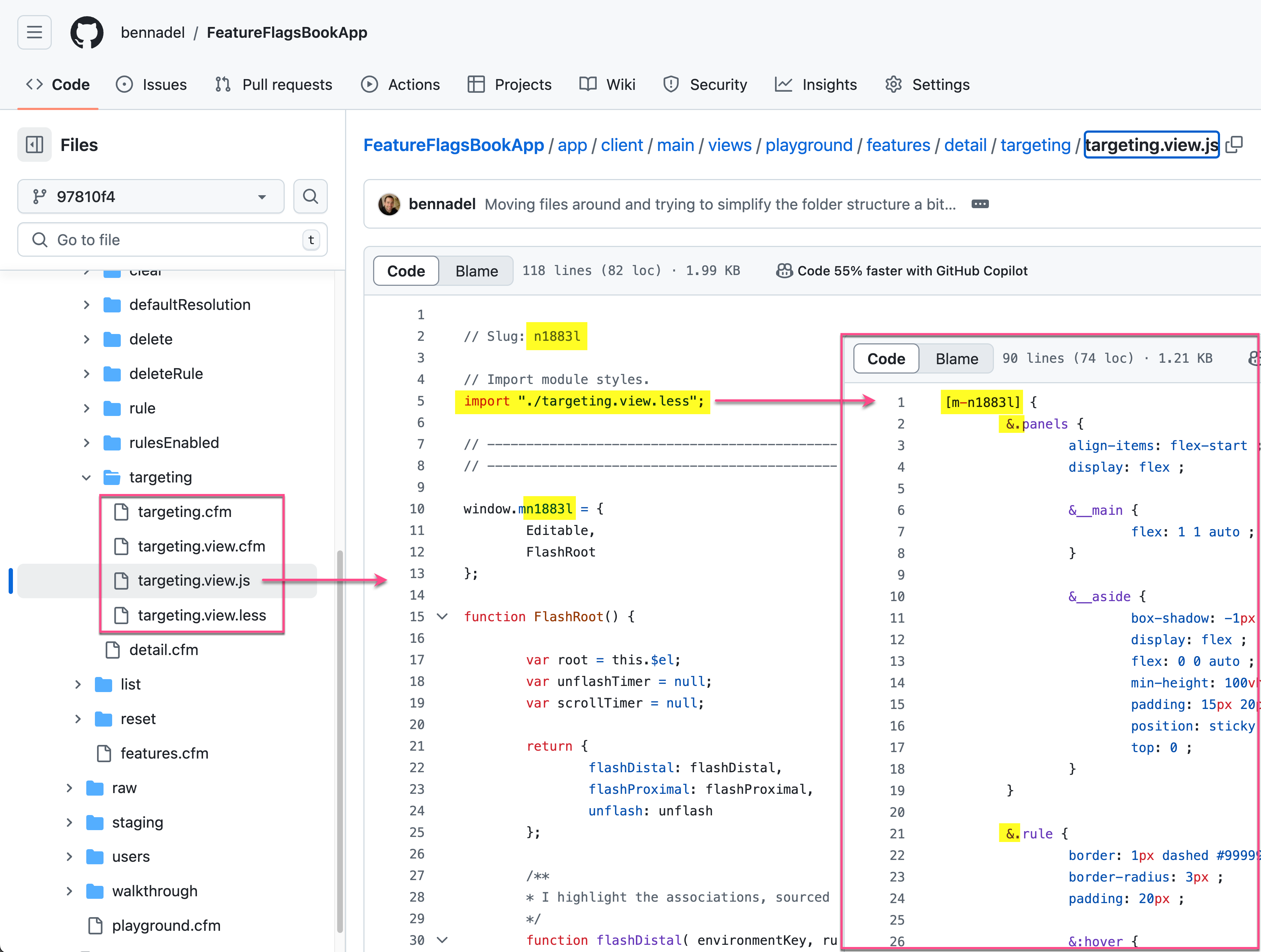 Screenshot of GitHub file explorer showing the JavaScript file for a view within the feature flags application. The JavaScript is using the slug, n1883l, to define a globally-accessible namespace on which Alpine.js components are being defined (for the associated ColdFusion CFML view).